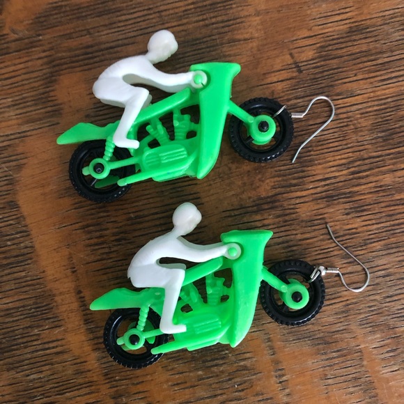 Funky Fun Unique Earrings Vintage Motorcycle with Rider - Picture 2 of 4